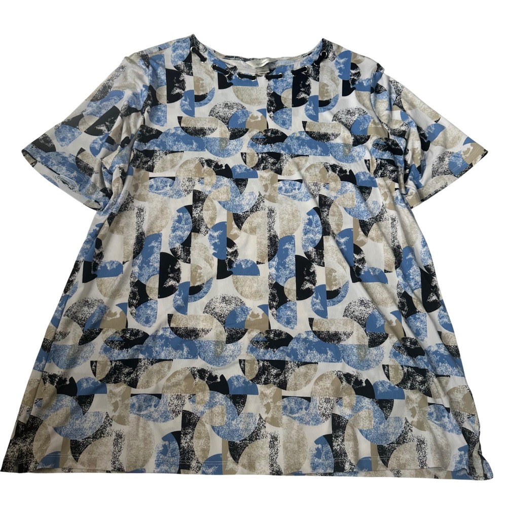 CJ Banks Women 2X Blue Geometric Abstract Lace Up Grommet Neck Short Sleeve Top